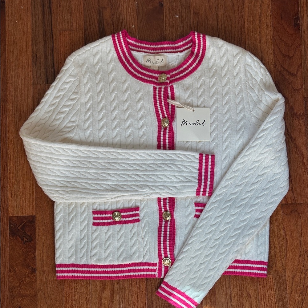 Marvel Women's White Cardigan with Pink Trim